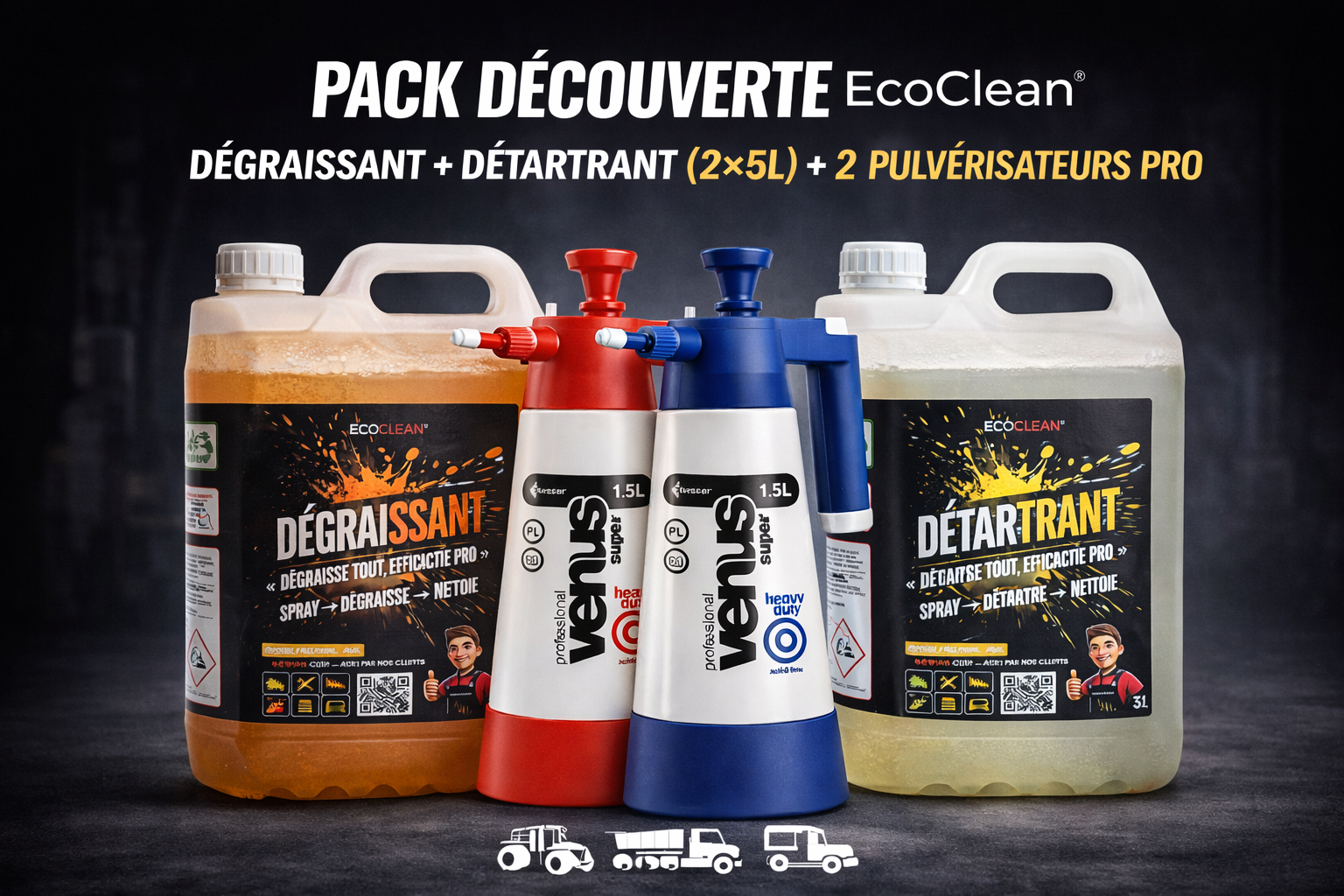 Pack Découverte EcoClean® – Dégraissant + Détartrant (2×5 L) + Pulvérisateurs inclus