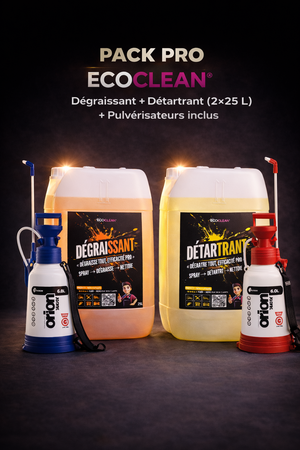 Pack Pro EcoClean® – Dégraissant + Détartrant (2×25 L) + Pulvérisateurs inclus